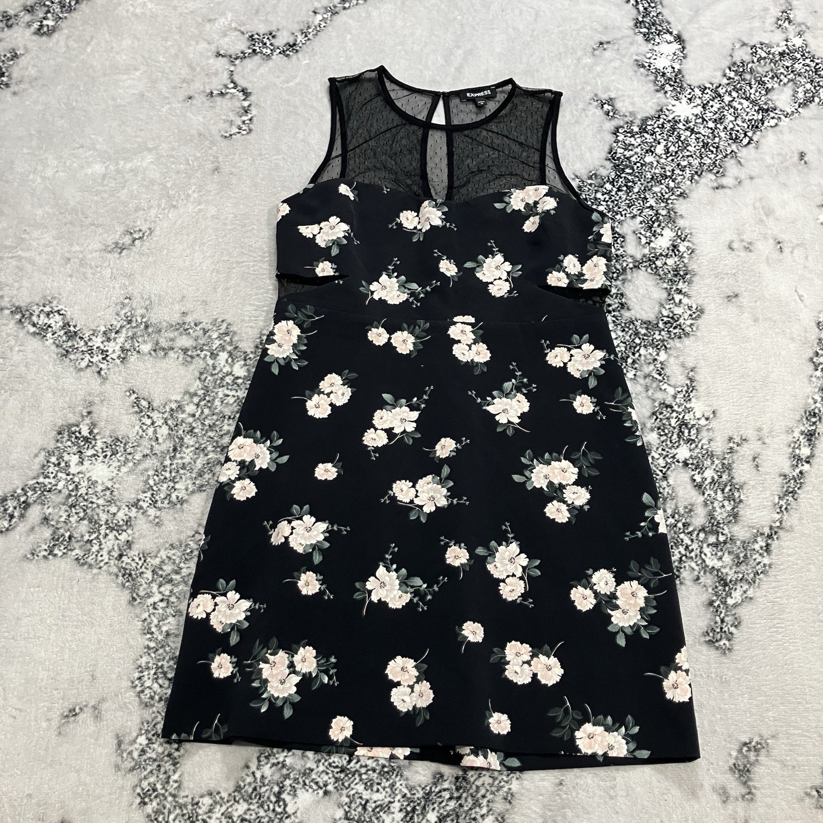 Express Floral Dress Womens 10 Black Mesh Illusion Neck Sleeveless Fit Flare
